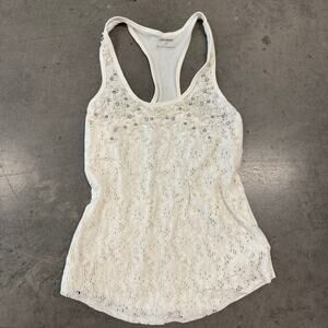 Vintage Y2K Express Lace Embellished Beaded Peal Racerback White Small Tank Top